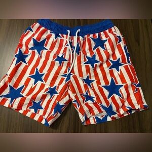 Mad Engine Men’s Small Patriotic Blue and Red Star USA American Flag Swim Trunks